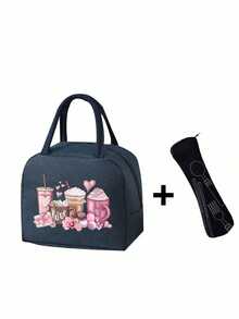Bolsa de almuerzo aislada con estampado de café rosa, macarrón, lazo y sobre, emparejada con bolsa de almacenamiento de cubiertos negra, de gran capacidad, bolsa térmica enfriadora para estudiantes, bolsa de picnic de viaje portátil, lonchera de oficina y escuela - Multicolor - Ver 24