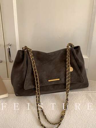 Enfärgad axelväska med klaff och kedja, trendig mjuk axelväska, lämplig för tjejer, kvinnor, högskolestudenter, unga yrkesverksamma och kontorsanställda, perfekt för arbete, affärer, pendling och skola