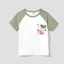 Matching Family Raglan-Sleeve T-Shirt And Flutter Shoulder Floral Dress Sets - Army Green - View 5