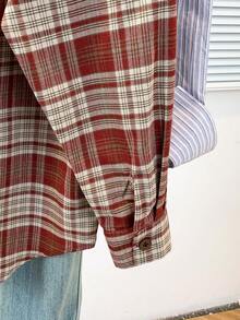 Women's Vintage Red Plaid Front Button Pocket Casual Shirt, Suitable For All Seasons - Red - View 9