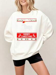 Christmas Sweater With Merry Christmas Design And Reindeer Pattern White Oversized Sweatshirt For Women Holiday Clothingsuitable For Christmas Partysports Eventholiday Partyoutingsports And Other Holiday Gifts. - 白色 - 查看 1