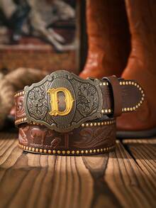 1pc Men's Western Style Letter Buckle PU Leather Belt (Hole Puncher Included) - Yellow Gold - View 8