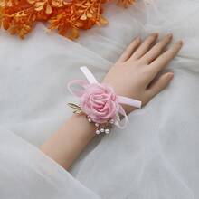 1件新娘中国风粉色珍珠弹力手链手镯花，缎边山茶花手镯花，伴娘婚纱配饰情人节配饰 - 淺粉色 - 查看 5