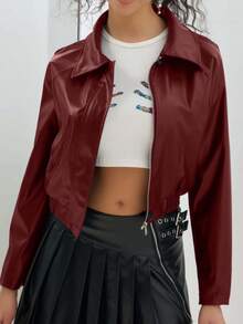 Women's Retro Chic Collar Zip-Up PU Leather Jacket, Casual Lightweight Short Jacket, Sporty Outerwear For Spring & Autumn - Burgundy - View 2
