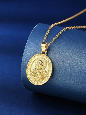 1pc Vintage Oval Coin Shaped Pendant Necklace, Classical Engraved Textured Portrait Design, Unique Elegant Brass Necklace For Women