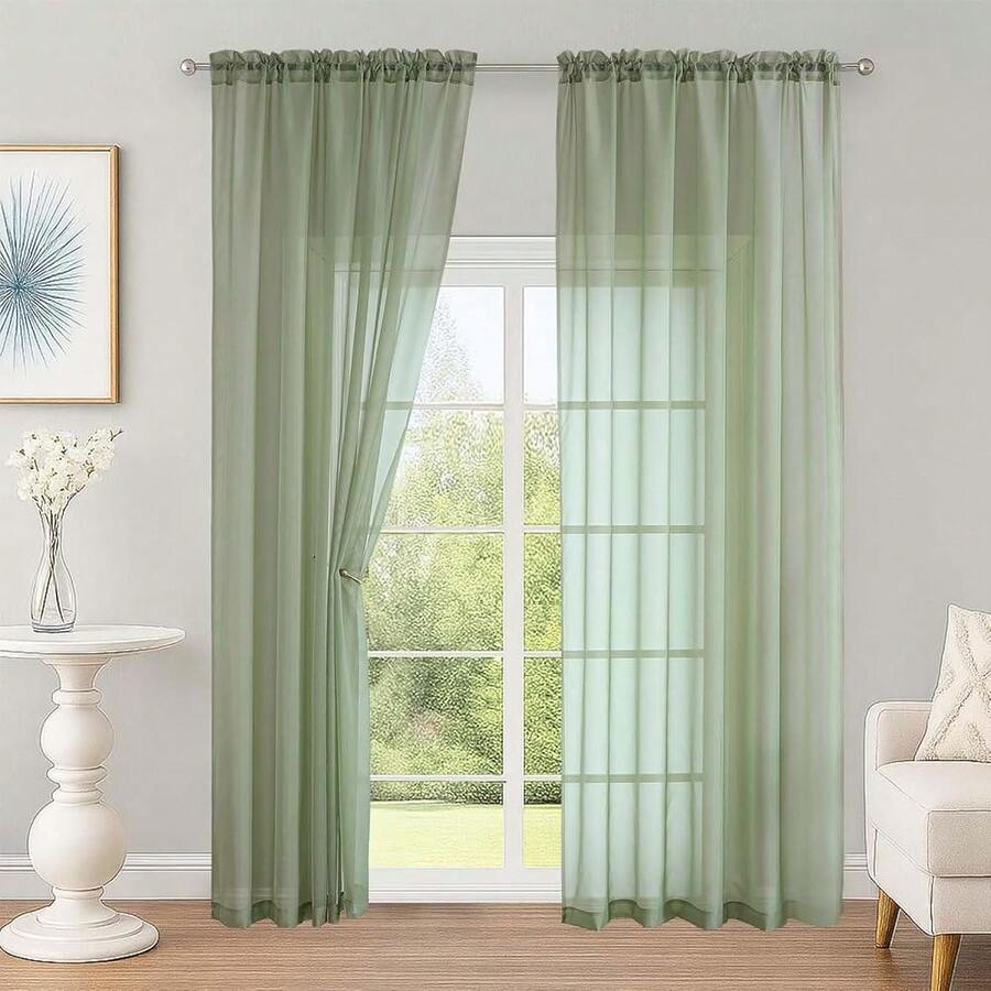 OWENIE Sage Green Sheer Curtain 90 Inches Long 2 Panels Set, Solid Filmy Drapes For Living Room Bedroom, Elegant Window Voile Sheer Curtain Panels Drapes, 2 Pcs, Each 59W X 90L Inch,59inchWx90inchL(Packof2),SageGreen - 鼠尾草綠 - 查看 1