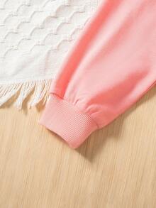 两件套女童休闲套装，纯色蝴蝶结装饰长袖上衣搭配印花仿牛仔图案长裤，春秋季