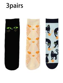 3/5 pares de calcetines para hombre, diseño de gato negro de dibujos animados adecuado para Halloween, calcetines divertidos y de uso urbano para hombre hasta el tobillo