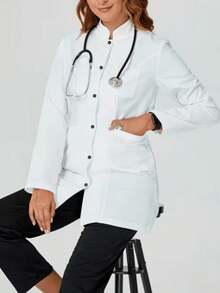 Sturdy Woven Fabric Stand Collar Thigh Length Scrub Outerwear For Professionals With Long Regular Sleeves - White - View 2