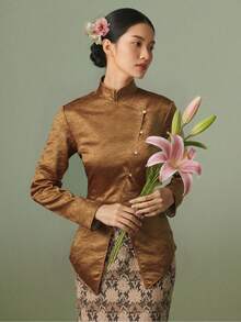Kebaya Traditional Top Malaysia Long Sleeved Waist Cinched Shirt Blouses Shirts Top For Women