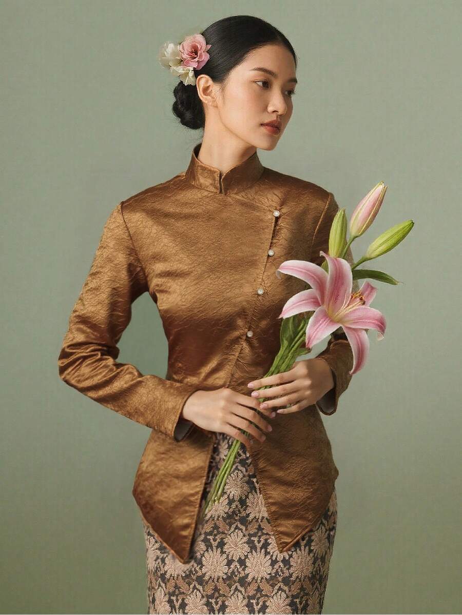 Kebaya Traditional Top Malaysia Long Sleeved Waist Cinched Shirt Blouses Shirts Top For Women