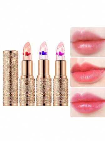 2 piezas de bálsamo labial que cambia de color con escamas de oro de 24K y flores | Nutritivo, hidratante, se adapta a tu color de labios para un brillo natural | Tono universal y halagador para todos los tonos de piel | Portátil y regalo
