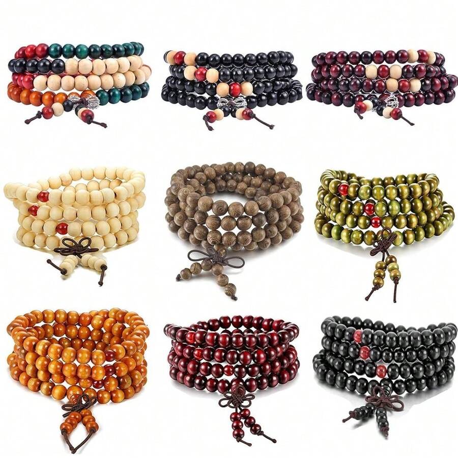 K&Q 9 Pcs Mens Womens Wood Chain Bracelets, Handmade Multilayer 8MM 108 Buddhist Strand Wood Mala Beaded Elastic Bracelet Necklace-Meditation Prayer Beads For Yoga, Spiritual Protection & Good Luck,9PCS - 9件 - 查看 1
