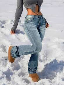 1 قطعة جينز نسائي مطرز بطبعة حيوانية أومبير، قطن مغسول مع جيب وسحاب وأزرار، مناسب للمسرح والحفلات والارتداء اليومي في الربيع والخريف