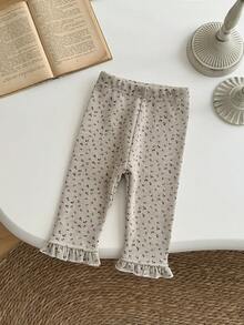Baby Girls' Ditsy Floral Thermal Lined Pants With Ruffle Hem, Apricot, Winter - Apricot - View 4