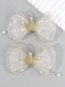 2 piezas Clips de pelo con corona de perlas y malla, adecuados para niñas, diseño de corona dorada, accesorios de pelo lindos, adecuados para todas las estaciones, adecuados para la vida diaria y fiestas de cumpleaños, decoraciones de pelo para adolescentes - Multicolor - Ver 2
