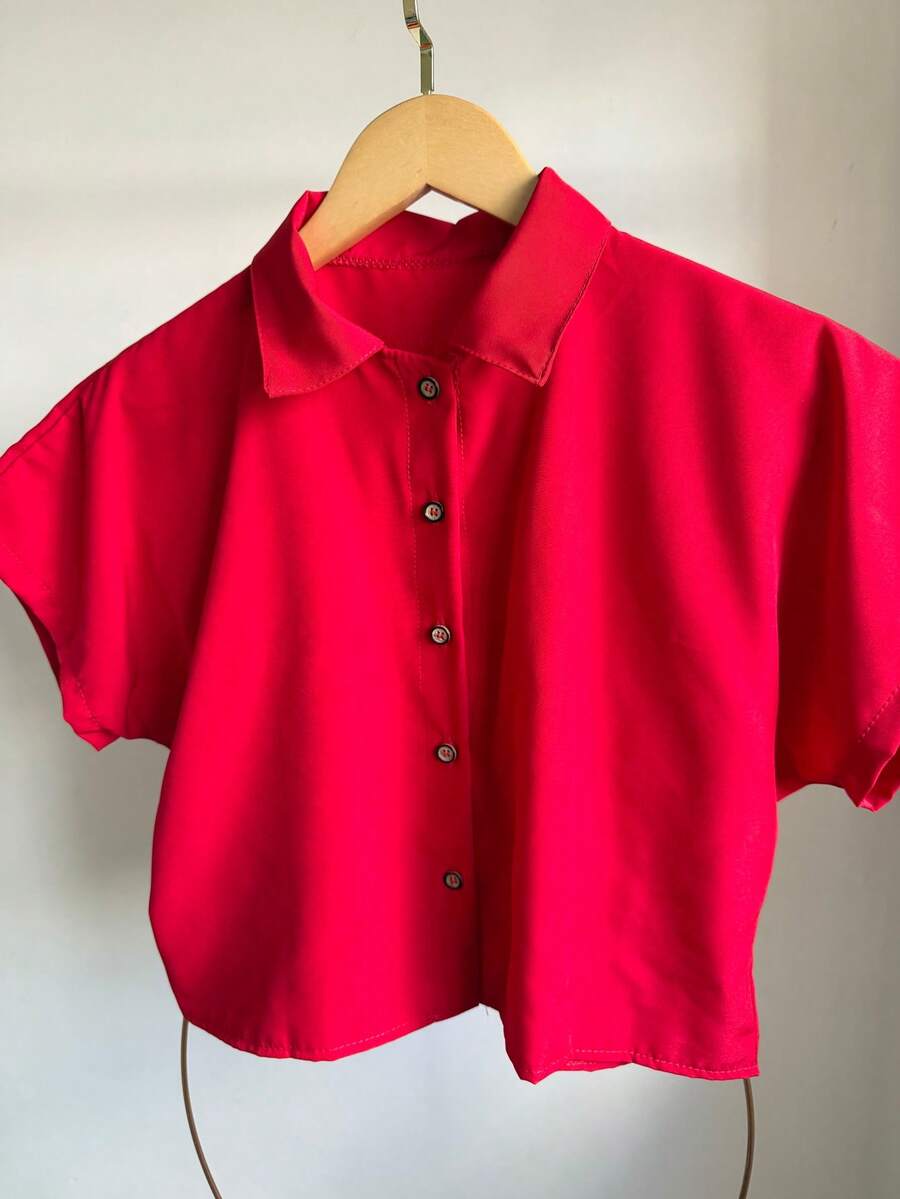 AZALEA Casual Striped Printed Loose Cropped Shirt - Đơn sắc đỏ - Xem 1