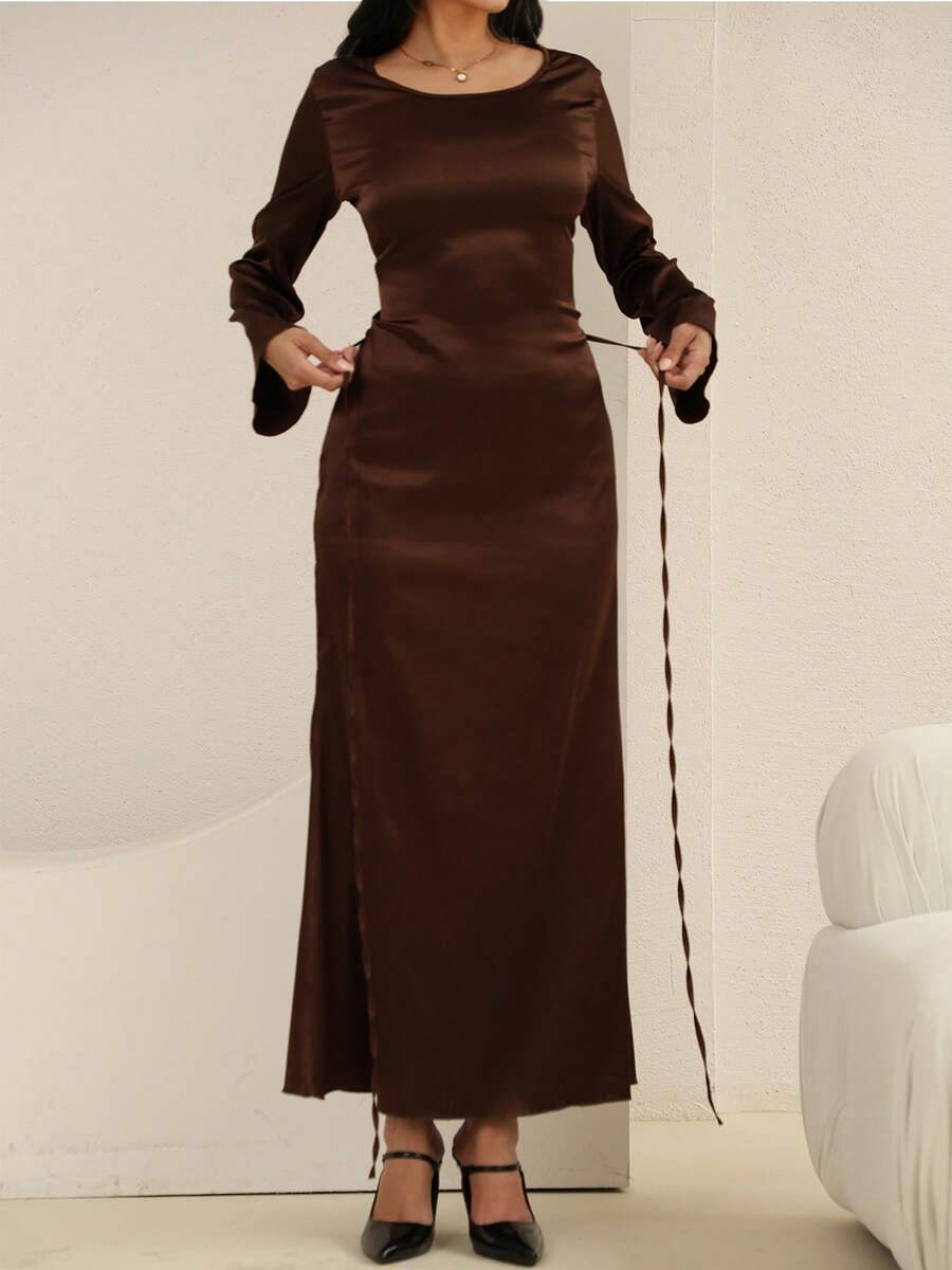 女士缎面连衣裙，腰部系带设计，经典圆领，奢华晚礼服，优雅女士正式礼服，派对礼服，节日礼服