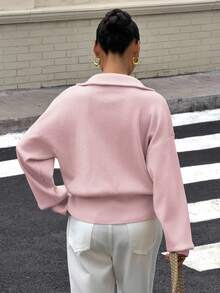 女士冬季毛衣，商务休闲装，通勤时尚长袖拉链针织开衫，日常出行必备 - 粉色 - 查看 2