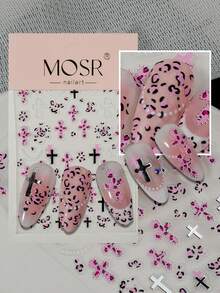 A Sweet And Cool Nail Sticker With Relief Texture Design, Y2K , Featuring Elements Such As Crosses, Pearl Chains, Leopard Print Texture, Etc., Suitable For Personal DIY And Creating Retro Sweet And Cool Nail Art