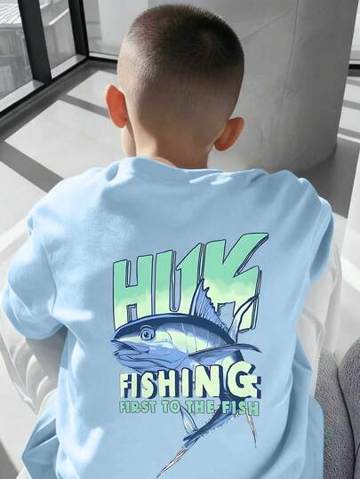 Boys' Gradient Letter & Big Fish Pattern Pullover Sweatshirt, Round Neck T-Shirt Sleeve, New Summer & Autumn Boys' Clothing
