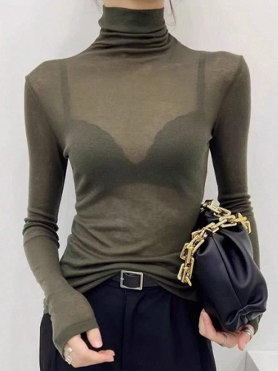 2025 New Black High Neck Sheer Mesh Thin Long Sleeve T-Shirt, Layering Top For Autumn/Winter - Army Green - View 1
