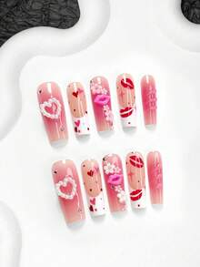 10pcs Rose Pink Valentine's Day Nail Art Set, Hand-Painted Heart Pattern False Nails, French Press-On Nails, Heart, Lip, Flower Nail Stickers, Gel Manicure Set, Sweet & Elegant, Includes Nail Tools (1 Jelly Sticker + 1 Nail File), 3 Sizes Available: Almond, Duck Mouth, Coffin, Suitable For Parties, Anniversaries, Valentine's Day, Daily Nail Care. - 彩色 - 查看 5