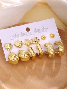 6 Pairs Fashion Heart & Star Decor Textured Stud Earrings Set For Women Daily & Party Wear,Ideal Gift For Friends