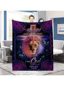 1pc Lion Of Judah Flannel Blanket - Majestic Purple & Orange Lion With Butterflies & Mandala Design, Inspirational Bible Verse Psalm 4610, All-Season Soft Sofa Bed Throw For Home Decor, Spiritual Gift, Vibrant Colors, Plush Fabric, Spiritual Seekers