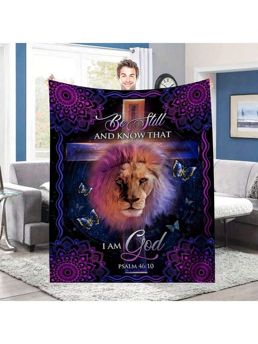 1pc Lion Of Judah Flannel Blanket - Majestic Purple & Orange Lion With Butterflies & Mandala Design, Inspirational Bible Verse Psalm 4610, All-Season Soft Sofa Bed Throw For Home Decor, Spiritual Gift, Vibrant Colors, Plush Fabric, Spiritual Seekers