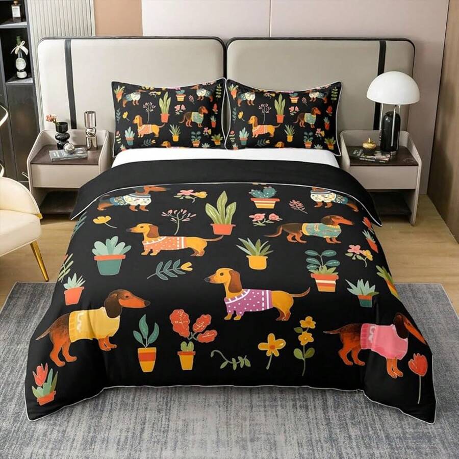 % Cotton Pink Dachshund Comforter Cover, Flower Floral Bedding Set, Kawaii Sausage Dog Duvet Cover, Lovely Puppy Quilt Cover, Soft Comfy, Dachshund Bedding - 黑色 黃色 紅色 - 查看 1