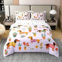 % Cotton Pink Dachshund Comforter Cover, Flower Floral Bedding Set, Kawaii Sausage Dog Duvet Cover, Lovely Puppy Quilt Cover, Soft Comfy, Dachshund Bedding - Purple - View 11