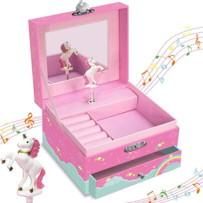 Women's Jewelry Box - Musical Jewelry Box With Drawer, Decorated With Fluttering Unicorn, Pink Unicorn Cute Design, Collectible Earrings, Necklaces, Bracelets, Rings Keepsake Organizer, Birthday Gift Summer Storage Organizer Gift Back To School