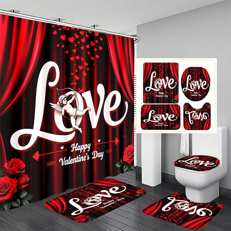 1pc/3pcs/4pcs Valentine's Day LOVE Rose Flower Heart Multifunctional Bathroom Decor Shower Curtain Set, Free 12 Hooks Included, Elegant Holiday Atmosphere, Bathroom Mat, U-Shaped Toilet Mat And Round Toilet Mat, Suitable For All Scenarios Bathroom Set - Multicolor - View 1