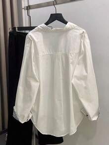 女士时尚白色长袖翻领衬衫，纽扣前襟，格子装饰，宽松版型上衣 - 白色 - 查看 2