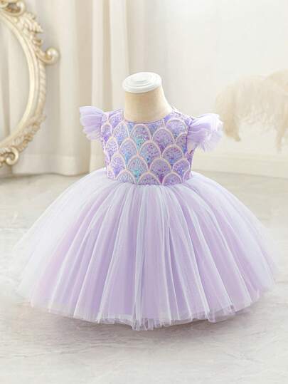 Baby Girls' Elegant Purple Party Dress, Princess Dress Suitable For Wedding Flower Girl, Birthday, Anniversary, Banquet, Formal Occasion