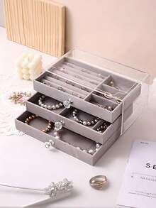 1 件装，3 层，透明，天鹅绒面料，亚克力首饰收纳盒 - 大容量，可收纳耳环、戒指和项链；适合居家和旅行；防褪色加厚抽屉设计（含首饰托盘）；现代风格女士首饰盒；多抽屉首饰收纳盒 - 大容量，可收纳耳环