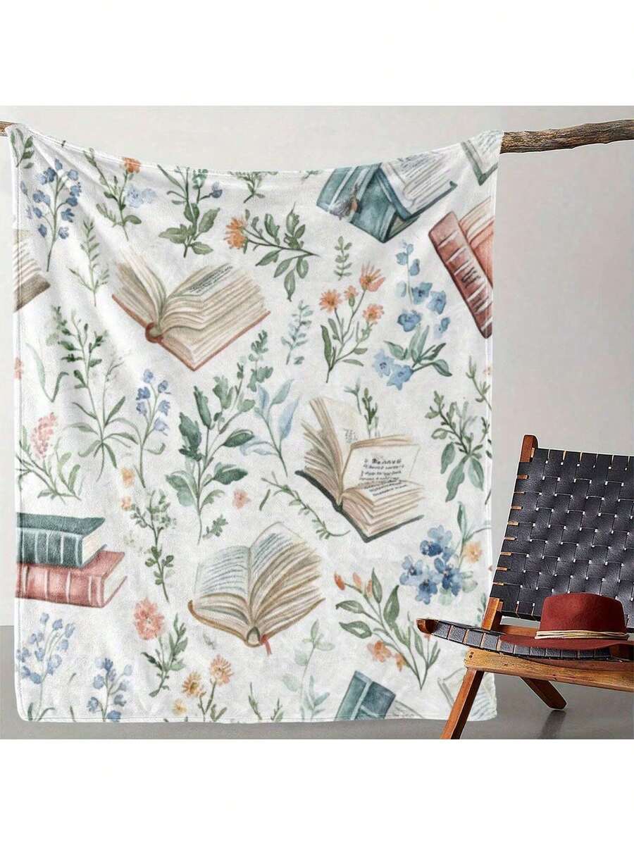 1pc Vintage Flannel Blanket With Open Book And Floral Print, Soft And Warm All-Season Throw For Sofa, Bed, Car, Office, Camping, And Travel, Perfect Gift For Home Decor Enthusiasts, Sofa Throw  Book Lover Decor  Polyester Blanket