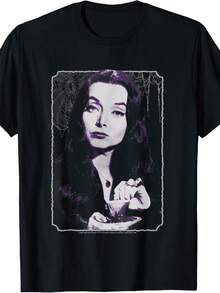 Morticia Drinking Tea Vintage Portrait T-Shirt - Black - View 1