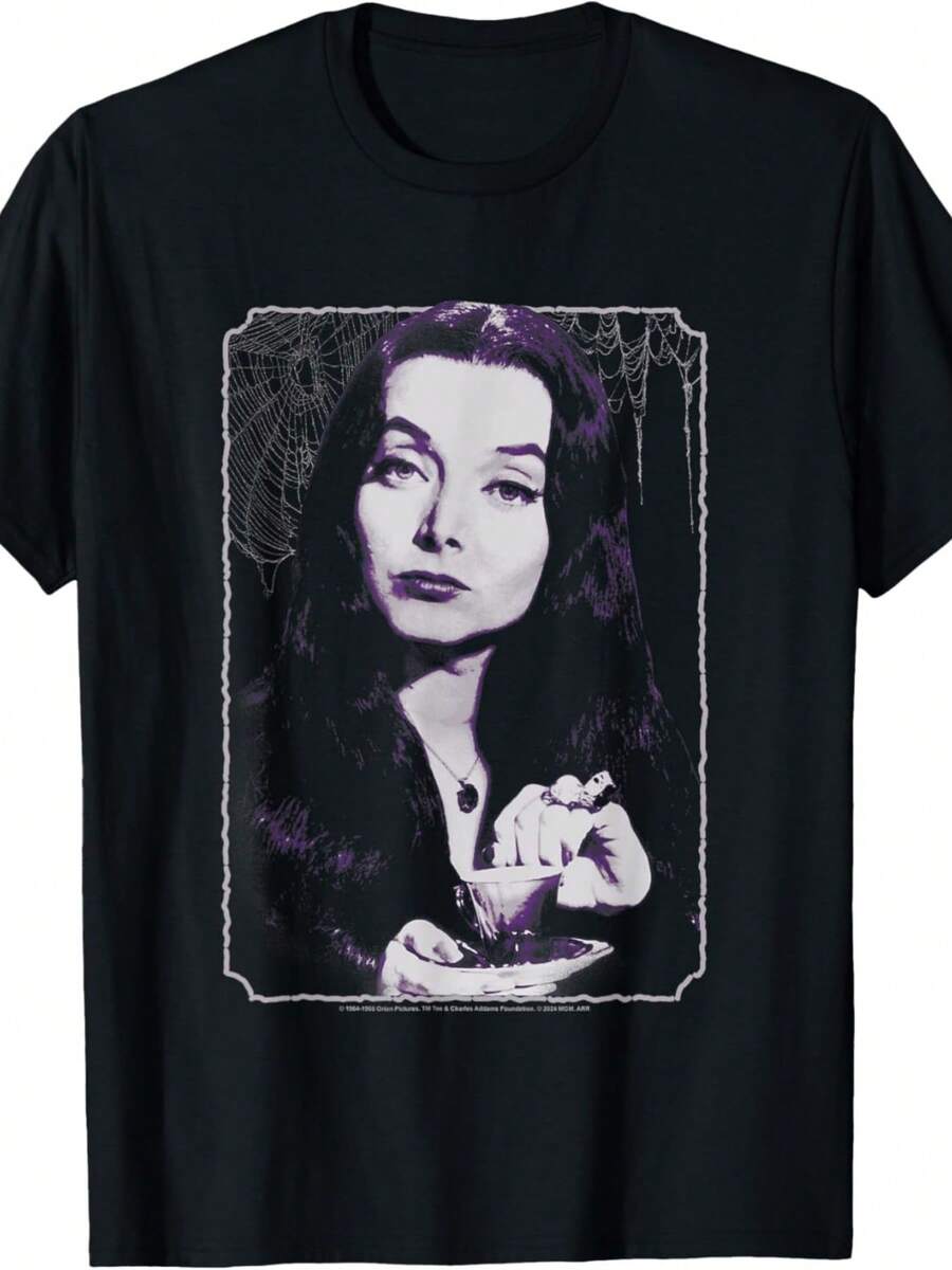Morticia Drinking Tea Vintage Portrait T-Shirt - Black - View 1