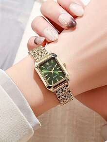 4 件女士时尚休闲石英腕表套装，配有方形罗马数字表盘和钢表带，优雅简约（套装不包括表盒）