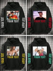 Customized Men's Hooded Sweatshirt, Personalize With Your Photo/Group Photo/Couple/Couples/Family/Friends/Pet/Landscape, Input Your Desired Text, Men's Black Hoodie, Men's Fleece Hoodie, Autumn Clothing, Best Friend Gift, Personalized Christmas Gift, Winter Men's Wear, Valentine's Day/Father's Day/Anniversary/Birthday Gift, Gift For Him, Halloween Hoodie, Christmas Hoodie - Black - View 2