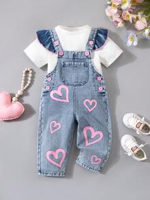 1pc Baby Girls' Outdoor Casual Party Gift Denim Print Washed Slim Fit Jumpsuit Regular Length Pants, Spring/Autumn - Blue - View 2