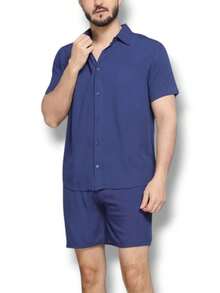 Men's Set: Button-Down Shirt And Shorts, Mauricinho Crepe Style, Sizes P, M, G, GG - Navy Blue - View 2
