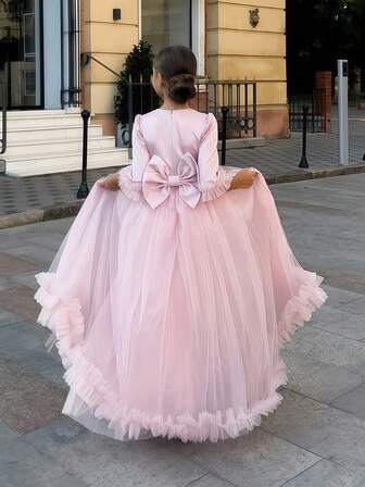 Julfestklänning för tweenflicka, elegant brudeflicksklänning med rosettdekor, puffig prinsessklänning i tyll, lämplig för flickor, brudeflicka, bröllop, fest, födelsedag, bal, speciellt tillfälle