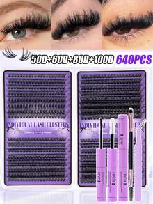 MEM 560/640/544片睫毛嫁接套装，DIY睫毛嫁接套装，单根睫毛簇套装，D型卷翘睫毛嫁接套装，包含胶水、封层剂和睫毛嫁接工具，适合日常使用、旅行、新手入门、婚礼、约会、派对、节日等场合，也是圣诞节/万圣节/送礼佳品。 - 黑色 - 查看 14
