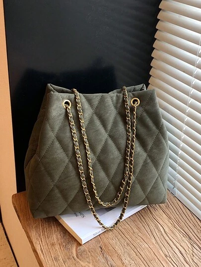 Large Capacity Fashion Tote Bag, Padded, Embroidered Quilted, Soft, Winter Chain Strap Shoulder Crossbody Bag For Women