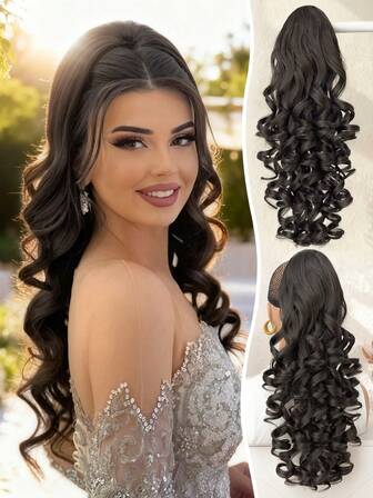 马尾辫抽绳夹式假发，深棕色22英寸深波浪卷发，耐热合成纤维假发，适合女士派对和日常佩戴。