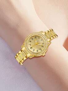 Bộ 4 chiếc đồng hồ nữ dây thép không gỉ màu bạc, kiểu dáng thời trang thường ngày, mặt số chữ số Ả Rập, máy quartz, thích hợp để đeo hàng ngày, trang trí, làm quà tặng bạn bè hoặc quà tặng ngày lễ. - Vàng - Xem 4