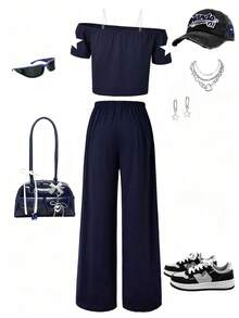 Conjunto de top con hombro asimétrico y pantalones con estampado numérico para niña preadolescente - azul real - Ver 2